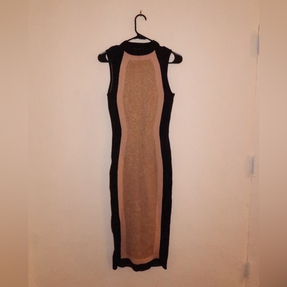 bebe Black and Gold Midi Dress